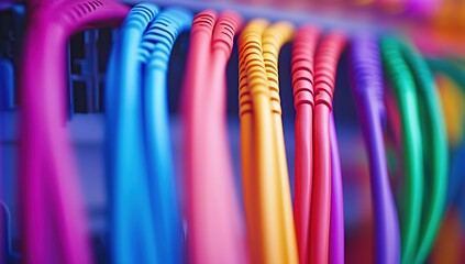 Close-up of colorful fiber optic cables in a server rack.