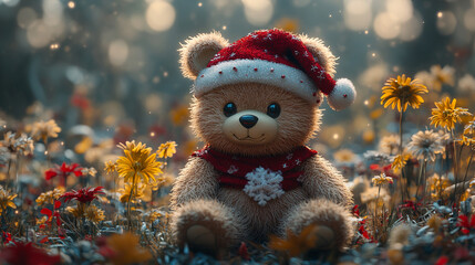 Fototapeta premium Christmas teddy bear wearing santa hat with christmas tree and gift box background