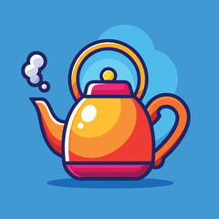 Obraz premium A cartoon illustration of a teapot with steam coming from the spout. The teapot is orange and pink and has a blue background.