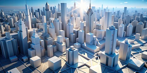 Obraz premium Experience a vibrant 3D animation as a dynamic camera glides through an imaginative white polygon cityscape, showcasing futuristic designs and eye-catching structures in stunning detail.