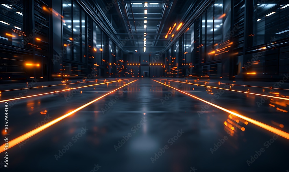 Poster ai-driven high-tech robotics manufacturing plant with transparent walls and glowing energy lines pow