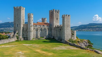 Stone Fortress Towers on a Hillside overlooking a Body of Water