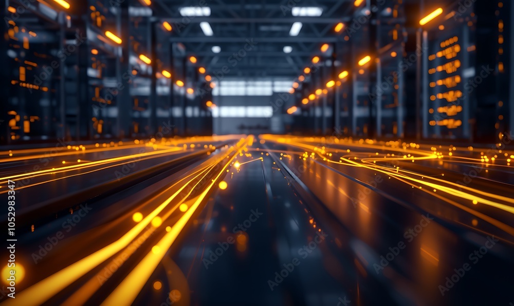 Poster ai-driven high-tech robotics manufacturing plant with transparent walls and glowing energy lines pow