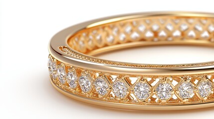 Close-up 3D rendering of a yellow gold ring with intricate diamond filigree, isolated on white background, luxury jewelry design, high detail