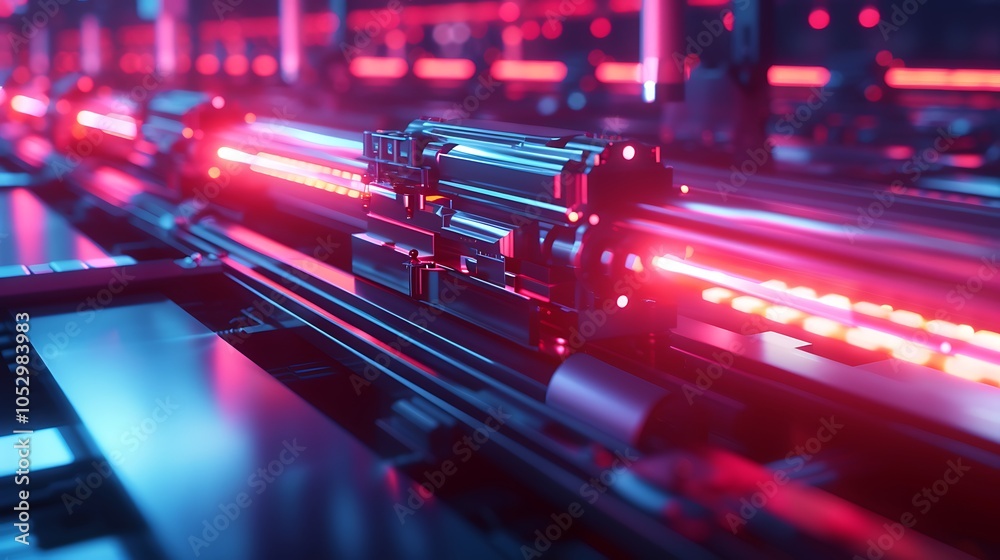 Poster high-tech industrial facility with advanced robotic systems and neon energy lines symbolizing effici