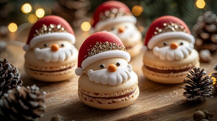 Fototapeta premium Christmas Santa macarons, fluffy beards, red hats, festive dessert with pine cones and Christmas lights, wooden table background, food styling, isolated on white background