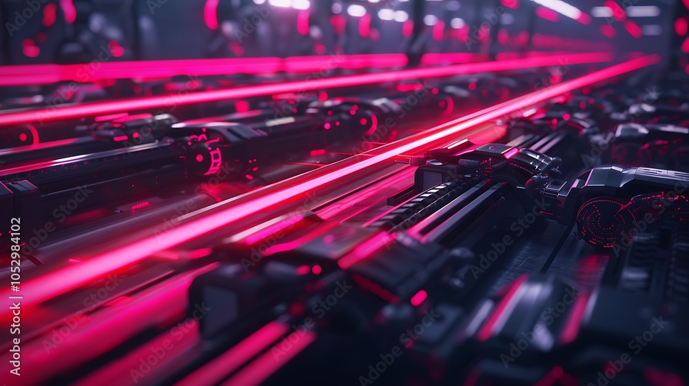 Poster high-tech industrial facility with advanced robotic systems and neon energy lines symbolizing effici