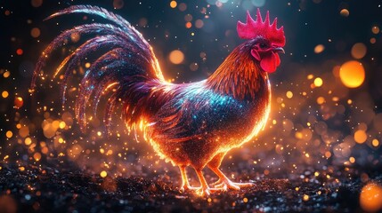 Fototapeta premium A rooster with iridescent feathers stands in front of a sparkling background.