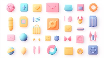 Fototapeta premium 2410_017.minimalist business icon collection, online shopping symbols, social media marketing graphics, 3d geometric shapes, pastel color palette, floating platform design, transparent overlays, tech