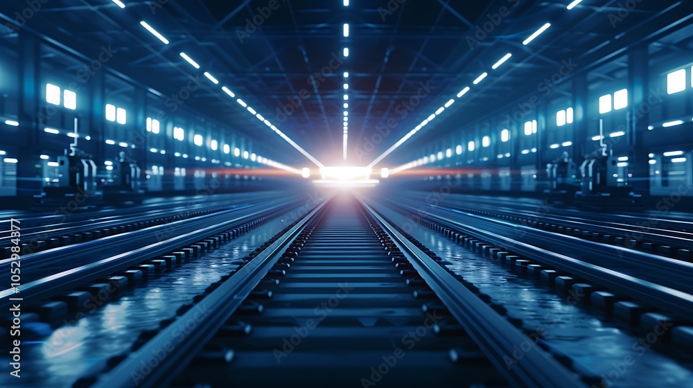 Poster high-tech industrial facility with advanced robotic systems and neon energy lines symbolizing effici