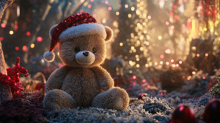 Christmas teddy bear wearing santa hat with christmas tree and gift box background