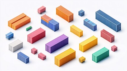 Fototapeta premium 2410_101.isometric cargo container collection, vibrant primary colors, 3d vector graphics, shipping industry icons, clean geometric shapes, white background, various container types and sizes