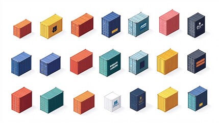 Obraz premium 2410_101.isometric cargo container collection, vibrant primary colors, 3d vector graphics, shipping industry icons, clean geometric shapes, white background, various container types and sizes