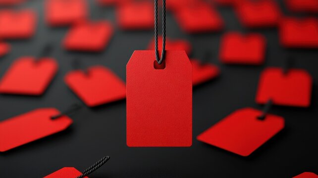 A vibrant red tag stands out against a multitude of similar tags on a dark background, highlighting themes of sales or pricing.