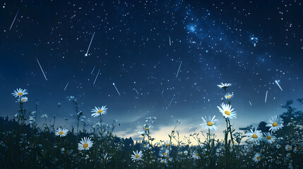 A field of white daisies merging into a night sky filled with shooting stars