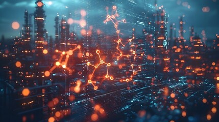 Fototapeta premium A stunning futuristic image of a holographic representation of carbon dioxide molecules floating in the air set against the backdrop of a modern eco friendly city skyline