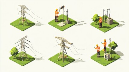 2410_049.renewable energy isometric icons, electrical infrastructure elements, utility workers in action, vector graphics, soft color tones, 3d visual style, clean geometric forms, contemporary power