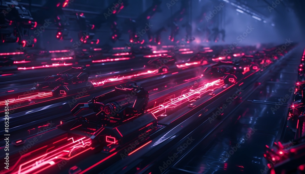 Poster Futuristic Factory Floor Where Robotic Arms and Autonomous Drones Optimize Industrial Production