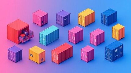 Obraz premium 2410_102.colorful freight container set, isometric perspective, bold hues, industrial transportation symbols, simplified 3d models, crisp outlines, logistics and trade illustration, minimalist design