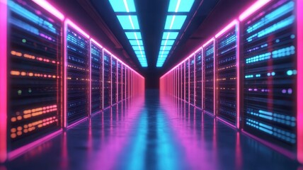 A futuristic server room illuminated with vibrant neon colors, showcasing rows of servers and high-tech design elements.