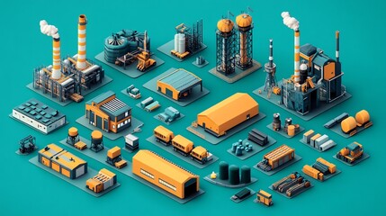 Obraz premium 2410_096.isometric industrial icons set, 3d vector graphics, manufacturing and logistics facilities, teal and orange color scheme, clean geometric shapes, detailed miniature models