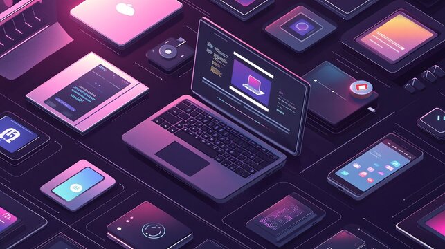2410_004.vector illustration of connected devices, isometric perspective, laptop and smartphones, app cards with icons, dark mode interfaces, bright accent colors, tech product family display
