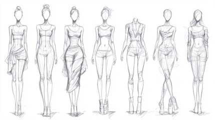 2410_078.fashion industry mannequin sketches, clothing store display icons, wire frame human silhouettes, mix of full body and head models
