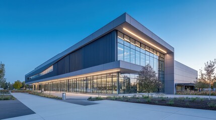 Obraz premium Corporate office building with sleek, modern architecture. Organizational values and excellence; glass facade, contemporary design, and advanced amenities set a bold city presence and identity