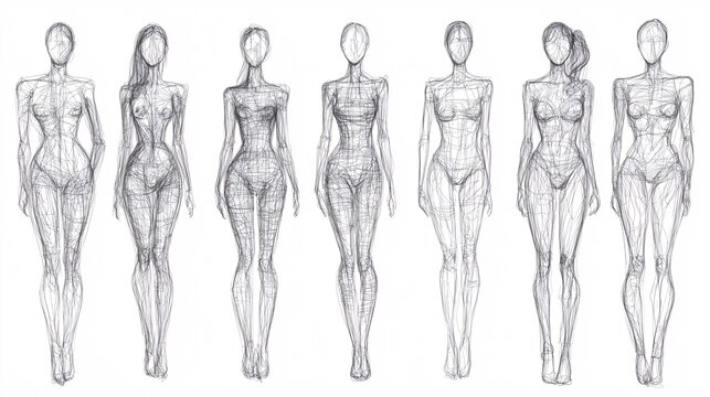 2410_078.fashion industry mannequin sketches, clothing store display icons, wire frame human silhouettes, mix of full body and head models
