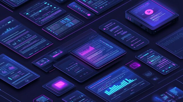 2410_069.user interface components set, mobile and desktop screens, video player, text editor, email client, coding window, minimalist isometric icons