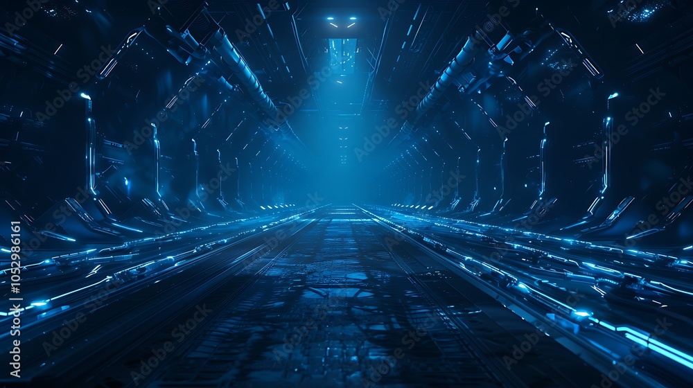 Poster massive industrial facility with advanced robotic systems and ai managing the entire production proc