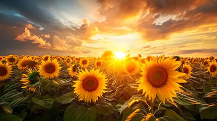 Fototapeta premium A vibrant sunflower field blending into a sunset sky with dramatic clouds