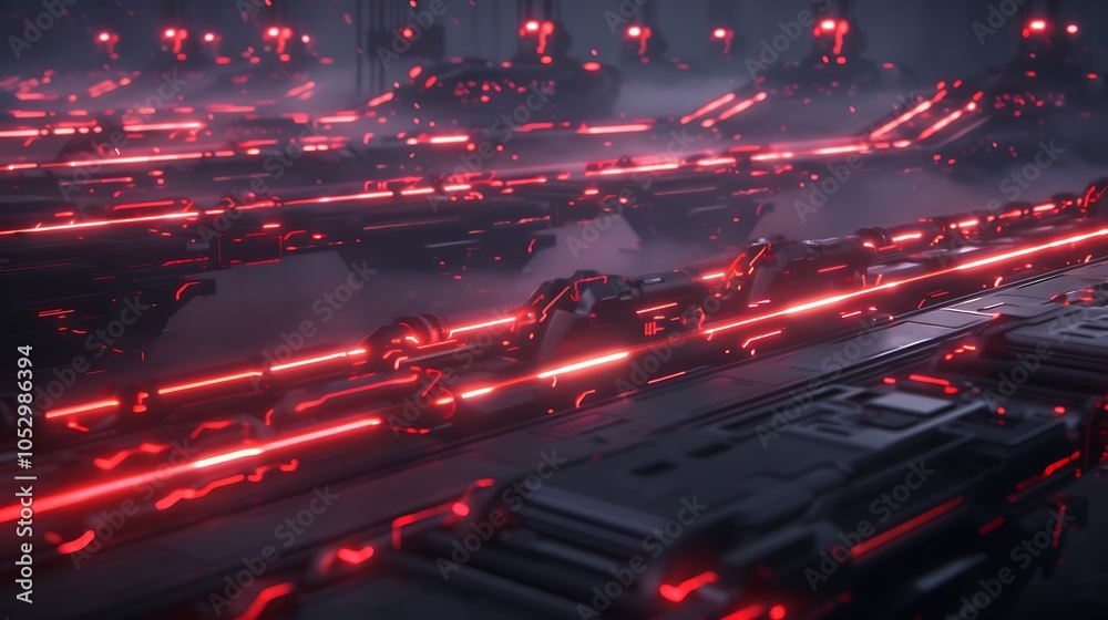 Poster massive industrial facility with advanced robotic systems and ai managing the entire production proc