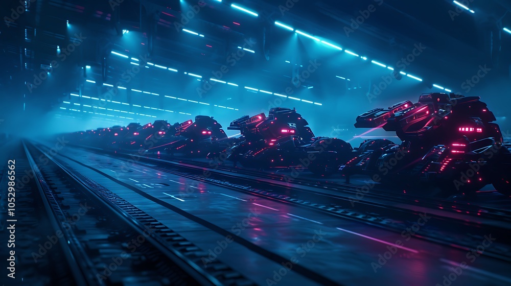 Poster massive industrial facility with advanced robotic systems and ai managing the entire production proc