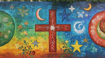 Vibrant interfaith mural artwork showcasing diverse religious symbols of major world faiths unified in harmonious composition represents spiritual unity and mutual respect between beliefs