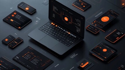 2410_005.modern tech ecosystem in isometric view, laptop centerpiece, mobile devices, floating app cards and icons, dark ui with orange highlights, clean white space, sleek product visualization