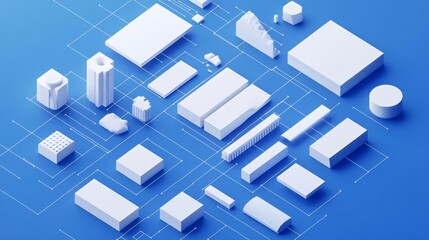 Obraz premium 2410_006.isometric ui ux design elements, blue grid background, white geometric shapes, minimalist 3d components, abstract layout blueprint