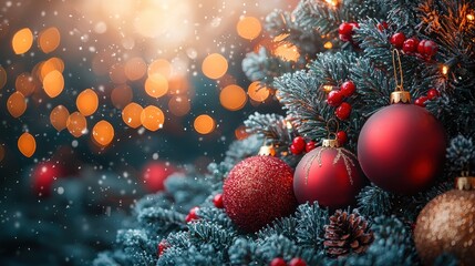 Enchanting Winter Village Scene with Decorated Christmas Tree and Warm Glowing Lights Creating Nostalgic Holiday Atmosphere Perfect for Seasonal Greetings with Copy Space