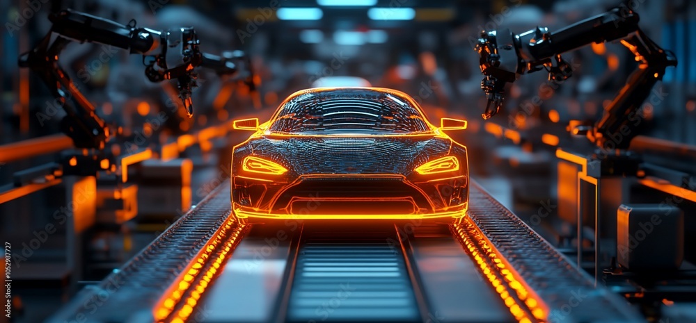Aufkleber a black car on a production line in a futuristic factory is being assembled by robots.