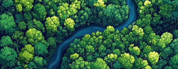 Serene River Through Emerald Canopy: An aerial perspective captures the mesmerizing beauty of a winding river snaking through a lush, verdant forest, showcasing nature's serene embrace. 