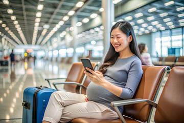 Happy asian pregnant woman Using smartphone While Sitting On Bench at airport terminal.png