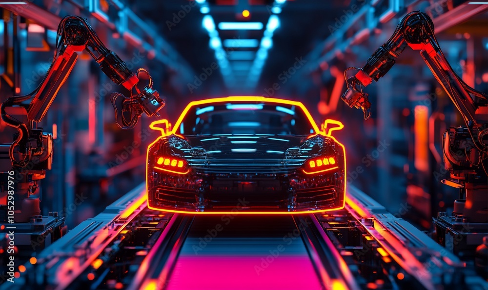 Poster a black car on an assembly line, with robotic arms on either side of it, highlighting the car with n