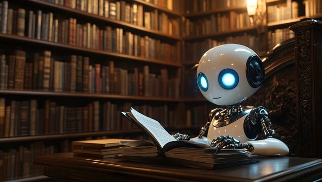 A white robot with glowing blue eyes sits at a wooden desk in a library, reading a book.