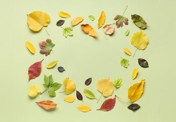 Frame made of different autumn leaves on green background