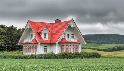 Obraz premium A charming white house with a red roof sits amidst lush green fields under a cloudy sky, evoking a serene countryside atmosphere.