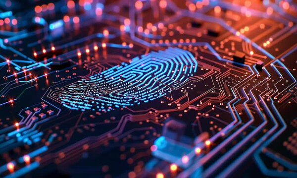 A closeup of biometric security with blue digital fingerprints glowing on an intricate circuit board background in the style of row4,208.


