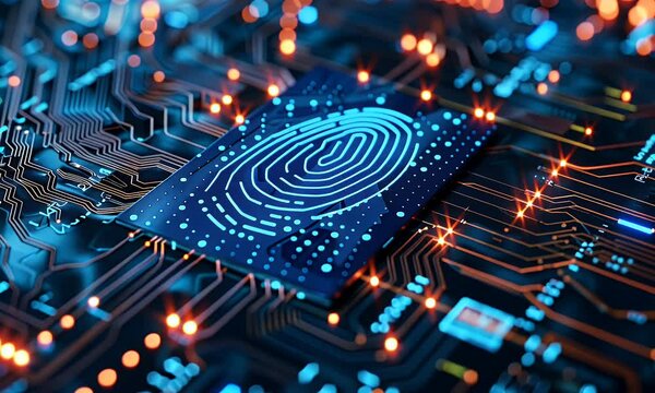 A closeup of biometric security with blue digital fingerprints glowing on an intricate circuit board background in the style of row4,208.


