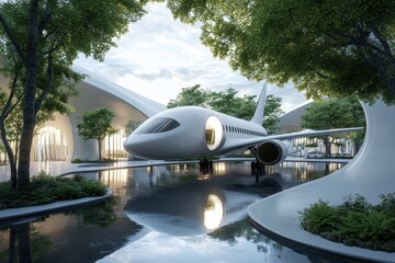 This image showcases the sustainable aviation fuel concept, highlighting innovations in net-zero emissions flight technology and eco-friendly fuel solutions in a futuristic aviation environment.