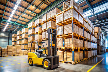 Forklift in a large warehouse, efficient and orderly workflow