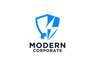 Electric Protection Logo.  Gradient Shield Line with Wire and Plug Icons Combination including Negative Space E Letter inside